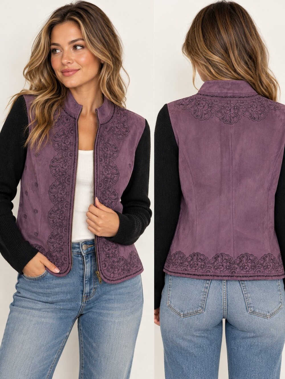 Coldwater Creek Purple Embroidered Faux Suede Knit Sleeve Jacket Small